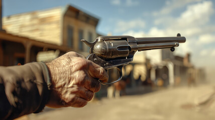 An old hand holding a revolver in a wild west scene.