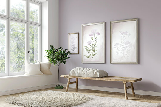 A Scandinavian living room, the wall painted a gentle lilac. Three mock-up poster frames in antique silver, each illustrating different types of delicate, watercolor flowers, add a touch of elegance. 
