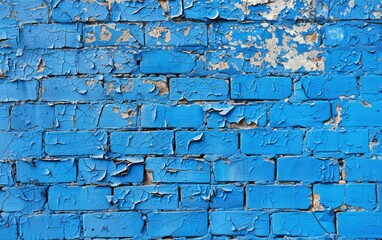 A heavily distressed and decaying turquoise brick wall showcases intricate patterns created by layers of cracked, chipped and peeling paint.