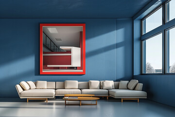 A serene living room boasting Scandinavian elegance with a deep blue wall. Against it, a red-framed poster of modernist architecture stands out, surrounded by minimalist furniture 