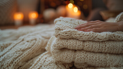 Hand resting on knitted blankets. - obrazy, fototapety, plakaty