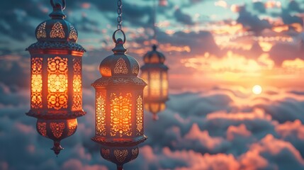 Ramadhan kareem greeting with intricate lanterns and soft white clouds