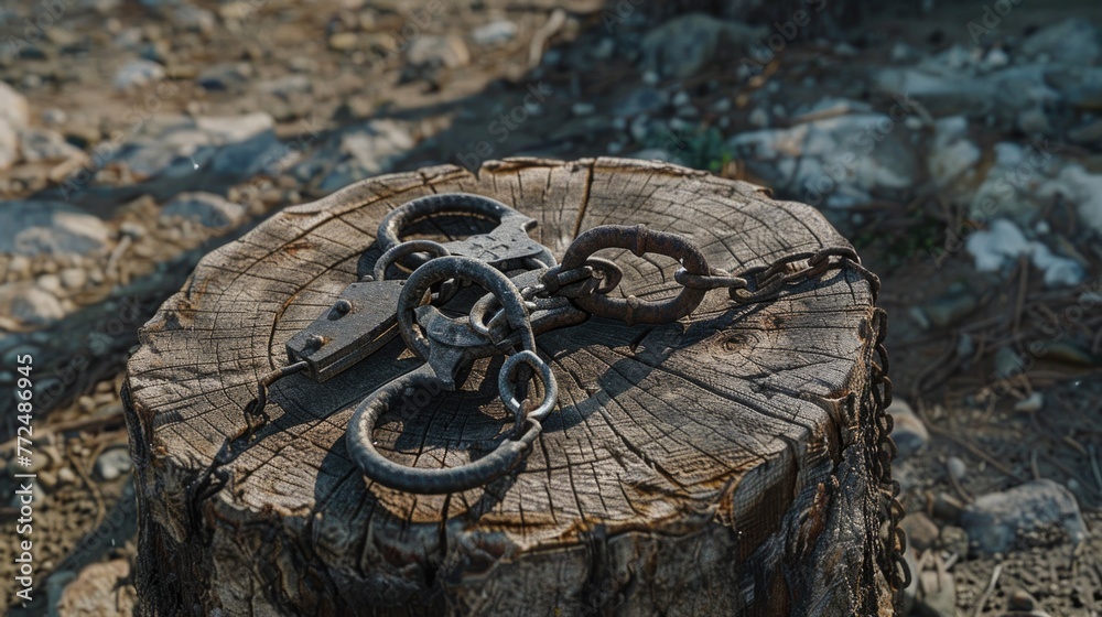 Poster Scissors placed on a tree stump, suitable for various concepts