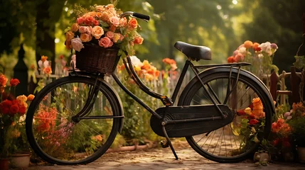 Fotobehang Bicycle with flowers in garden.  © Saba