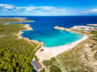 Areal drone view of Arenal de Son Saura beach at Menorca island, Spain - 772486941
