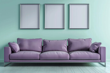 A sleek Scandinavian living room with a violet sofa against a pale turquoise wall. Four blank empty mock-up poster frames in a silver chrome finish above the sofa provide a futuristic touch. 