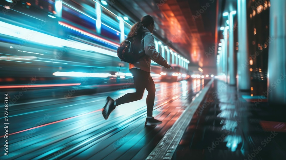 Poster a person with a backpack running down the street. suitable for active lifestyle concepts