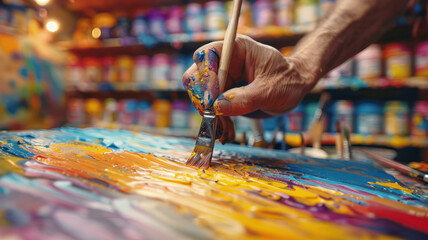 Artist's hand painting on canvas.