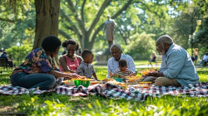 Extended African American family having a picnic with homemade meals in a park. Summer family gathering concept for design and print. - obrazy, fototapety, plakaty