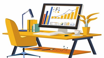 illustration of desk with a laptop showing graph