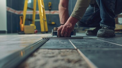 A man is seen working on a tile floor. Suitable for construction or renovation concepts - obrazy, fototapety, plakaty