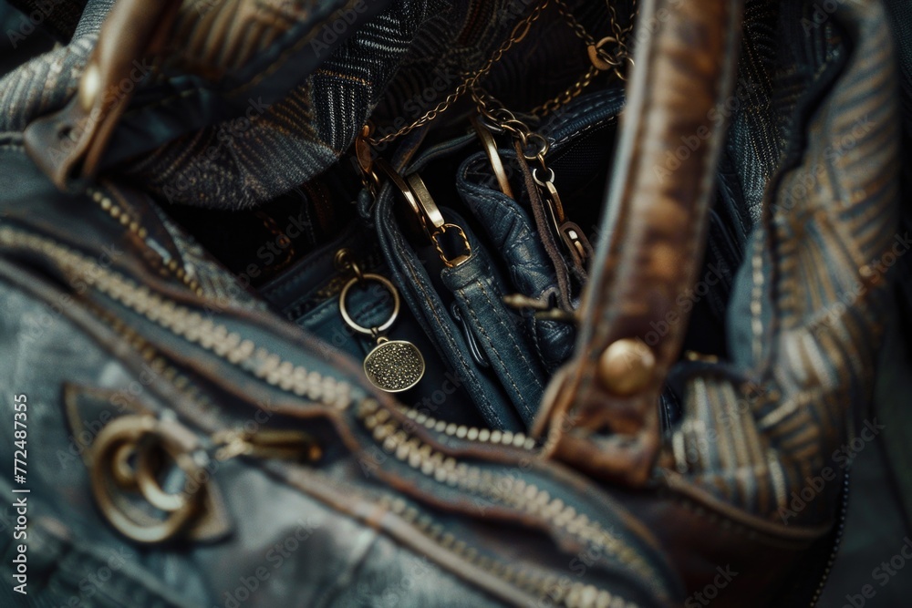 Poster A close up of a purse with a key inside. Suitable for security concepts