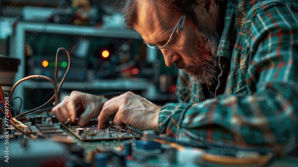 Aufkleber A man is seen working on a circuit board. Suitable for technology and electronics concepts