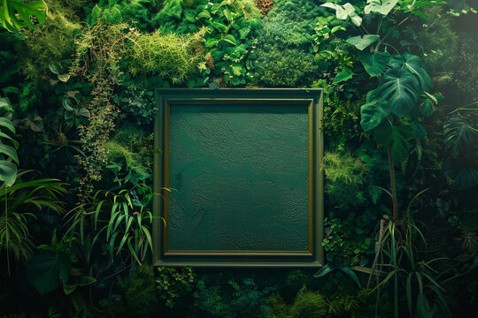 A tranquil art gallery with a lush green wall, where a forest green frame hangs empty. The natural green hues inspire a connection to nature and tranquility.