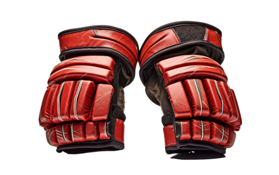 A pair of vibrant red hockey gloves placed on a clean white background - Powered by Adobe