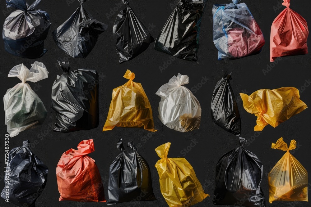 Poster piles of garbage bags on a dark surface, suitable for environmental concepts