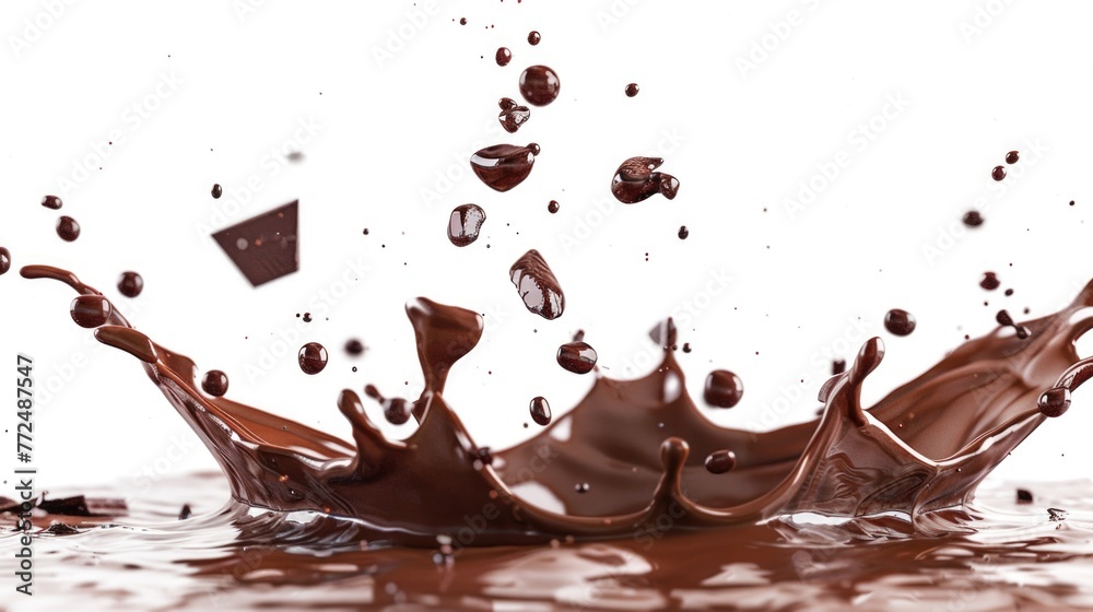 Poster a simple image of chocolate splashing on a white surface. perfect for food and dessert themed design