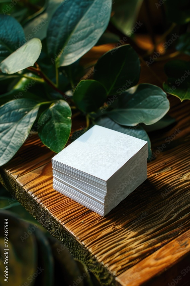 Poster a stack of white cards on a wooden table. suitable for various business concepts