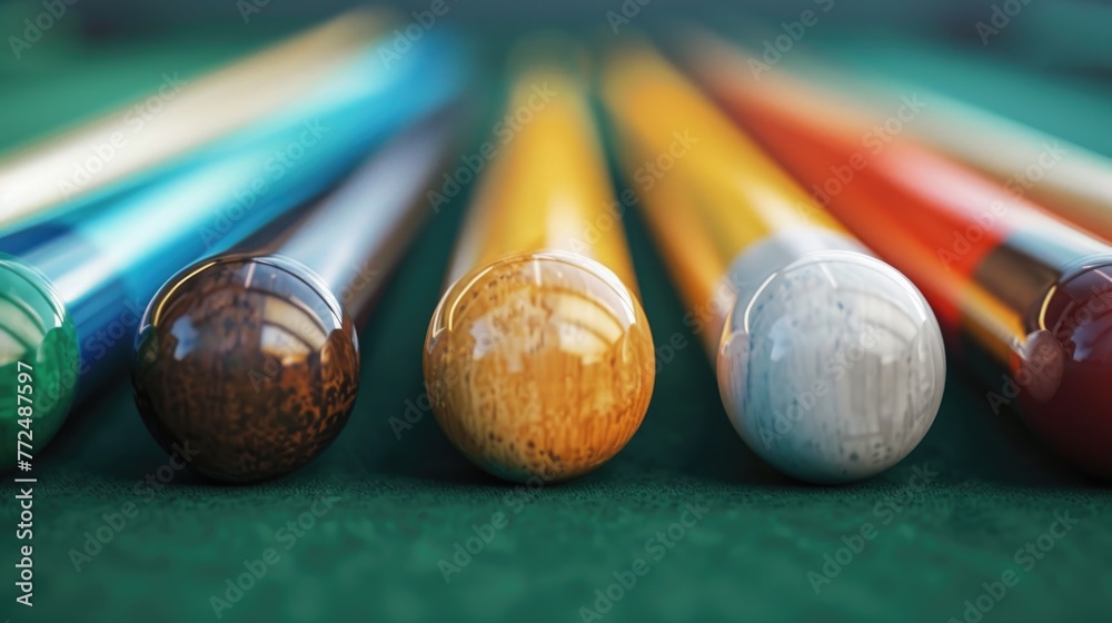Poster Close up of a pool table with balls and cues, perfect for sports and leisure concepts