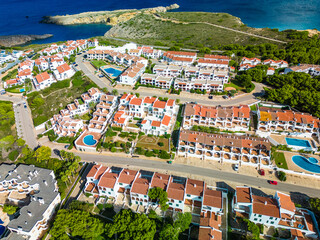 Areal drone view of Arenal de Son Saura beach at Menorca island, Spain - 772487522