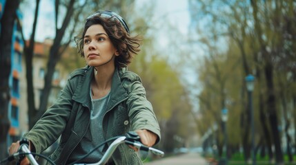 Female cyclist enjoying a ride in an urban park setting. Outdoor lifestyle and active transportation concept.