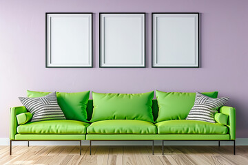 A vibrant Scandinavian living room with a neon green sofa against a soft lilac wall. Four blank empty mock-up poster frames in a glossy ebony 