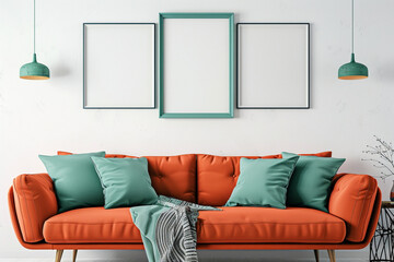 A vibrant Scandinavian living room featuring a tangerine sofa against a stark white wall. Above the sofa, three empty mock-up poster frames in a vibrant teal color make a playful statement. 
