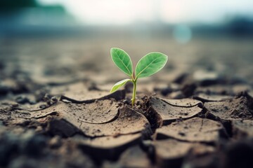 green plant growing in a drought dry land - save nature concept - Little green plant on cracked dry ground, concept drought.