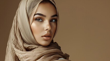 Effortlessly chic, a modern Muslim woman showcases her beauty in a beige hijab, her natural make-up adding a touch of elegance as she poses against a brown studio background