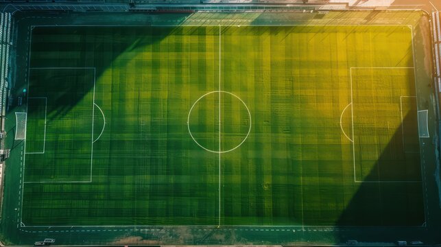 Soccer or football field in a large stadium captured in a wide-angle drone shot, with a beautiful clear sky