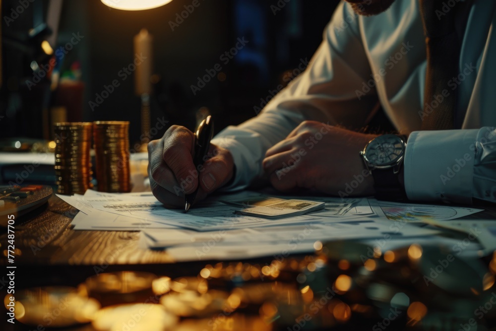 Poster a man sitting at a table writing on a piece of paper. suitable for business or education concepts