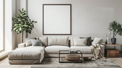 modern living room with large frame mockup om wall