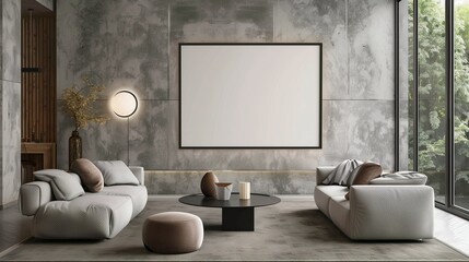 modern living room with blank mockup for wall