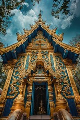 Naklejka premium A striking blue and gold building against a clear blue sky. Ideal for architectural designs