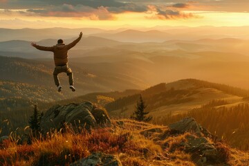 Happy hiker man with arms up jumping on the cliff. celebration of a young man success hiking mountain.