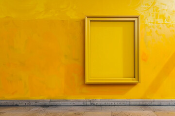 Inside an art gallery, a vibrant yellow wall serves as the backdrop for an empty, mustard yellow frame. The contrast between the frame's matte finish and the wall's sheen adds depth to the space. - obrazy, fototapety, plakaty