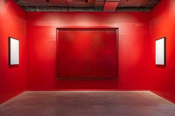 Inside an art gallery, a fiery red wall hosts a singular, large, empty frame with a brushed red metal finish. The space is otherwise minimalist, letting the colors boldly speak.