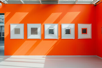 Inside a minimalist white art gallery, an orange wall pops with vibrancy. Silver frames, each...