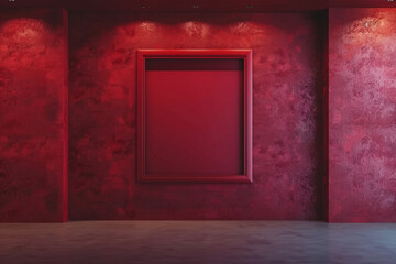 Inside a modern art gallery, a wall in a rich, burgundy red sets the backdrop for an empty, scarlet frame. The luxurious red tones exude sophistication and depth.