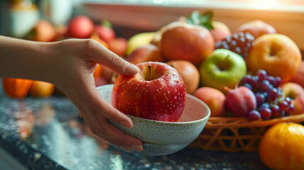 A hand picking an apple from a fruit bowl.