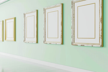 Inside a white art gallery, the walls are painted a soft mint green, adorned with empty distressed gold frame mock-up posters. The vintage-style frames add a touch of elegance and history, 
