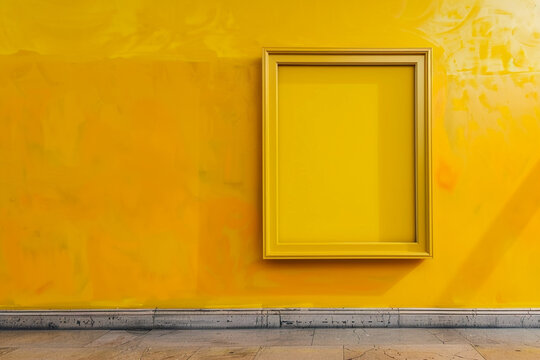 Inside an art gallery, a vibrant yellow wall serves as the backdrop for an empty, mustard yellow frame. The contrast between the frame's matte finish and the wall's sheen adds depth to the space.