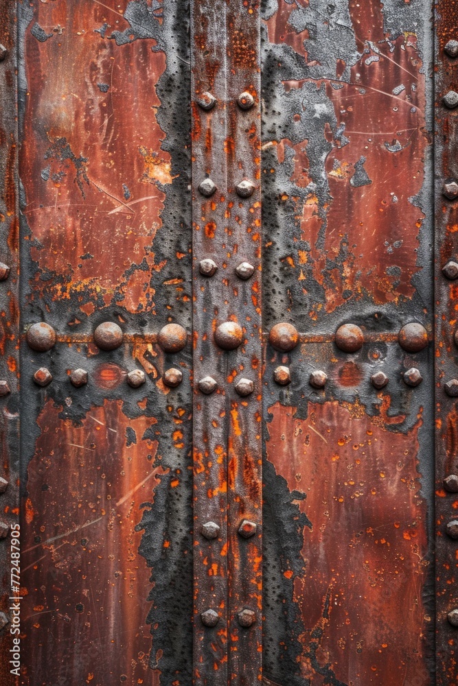 Poster a weathered metal door with rust and rivets. ideal for industrial concepts