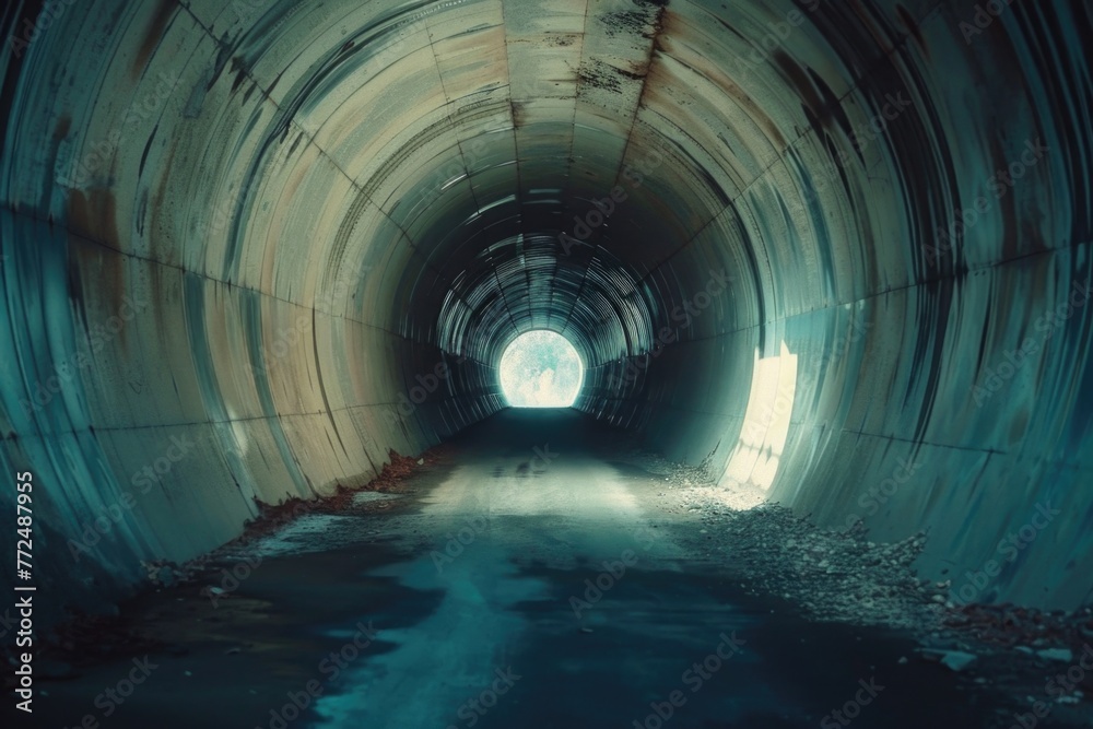 Poster a mysterious dark tunnel with a bright light at the end, suitable for concepts of hope and new begin