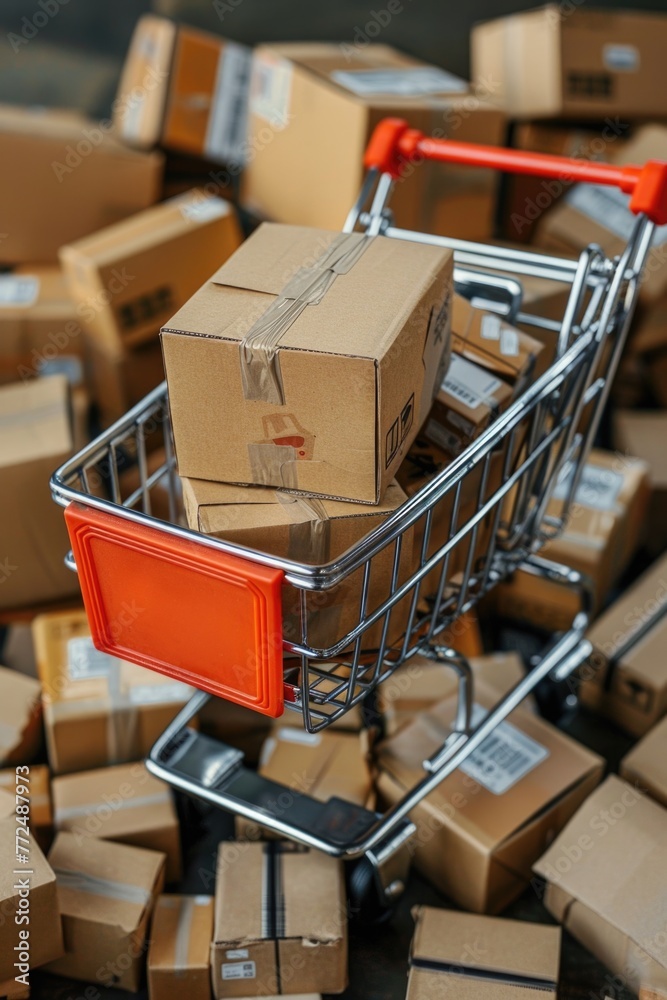 Aufkleber a shopping cart filled with boxes on top of a stack of cardboard boxes. suitable for retail or logis