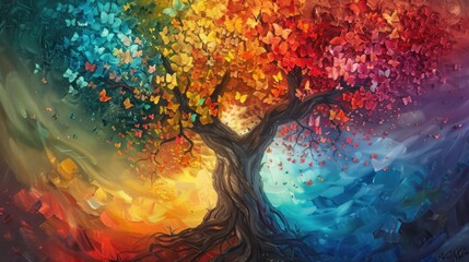 Vibrant painting of a tree with colorful leaves, perfect for nature-themed designs