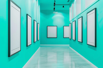 Inside a white art gallery, walls bathed in a vibrant turquoise, holding empty ebony black frame mock-up posters. The stark contrast of the frames against the lively wall color draws the eye, 