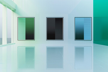 In an immaculate white art gallery, three mock-up posters stand against walls colored in a progressive sequence of green, black, and blue. Each poster is encased in a frame that mirrors the wall's hue