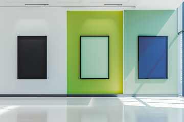 In a brightly lit white art gallery, three wall mock-ups stand out with their distinct colors a refreshing green, a deep black, and a calm blue. 