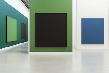 In a stark white art gallery, three wall mock-ups are presented in a striking arrangement of green, black, and blue. The consistency of color between the walls and their frames 